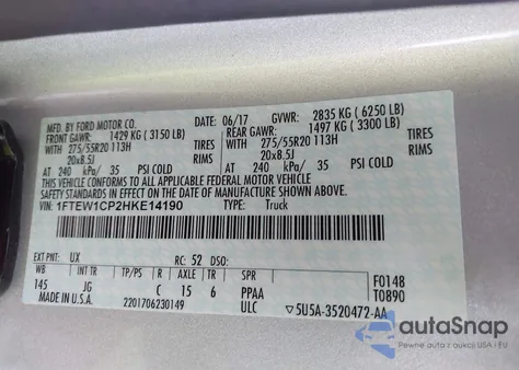 2017 Ford F-150 Xl из США, поврежденный, VIN 1FTEW1CP2HKE14190